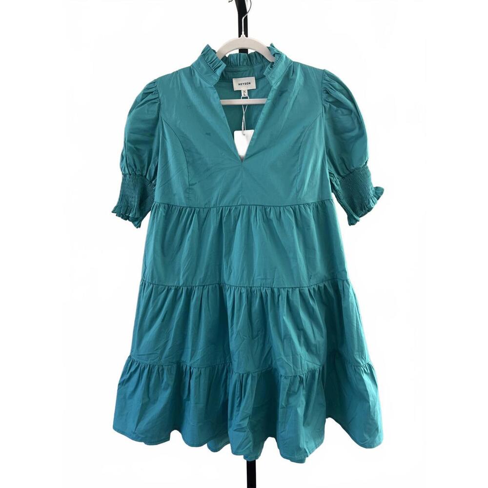 NWT HEYSON Casual Puff Sleeve Tiered Dress in Teal